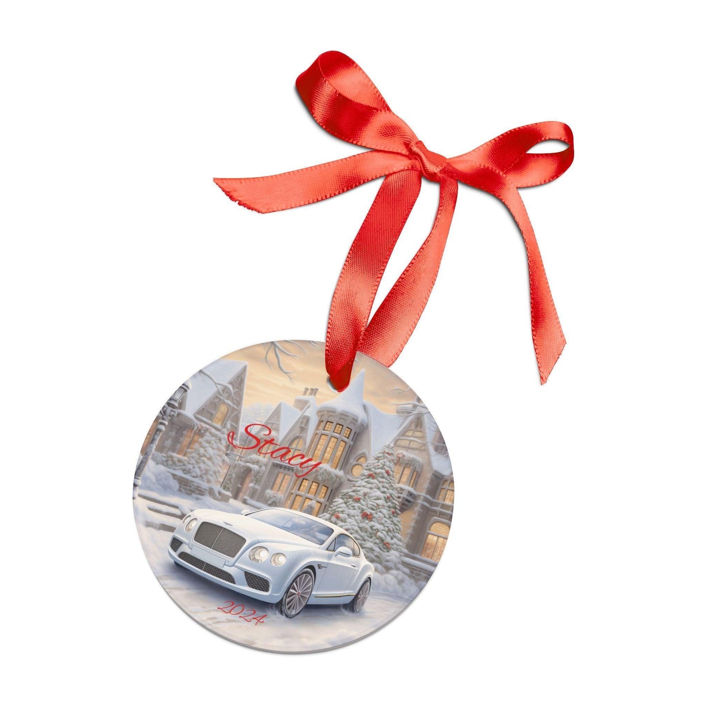 Personalized Acrylic Ornament with Car and Winter Wonderland Scene, Holiday Decor, Christmas Gift, Customized Keepsake, White Bentley