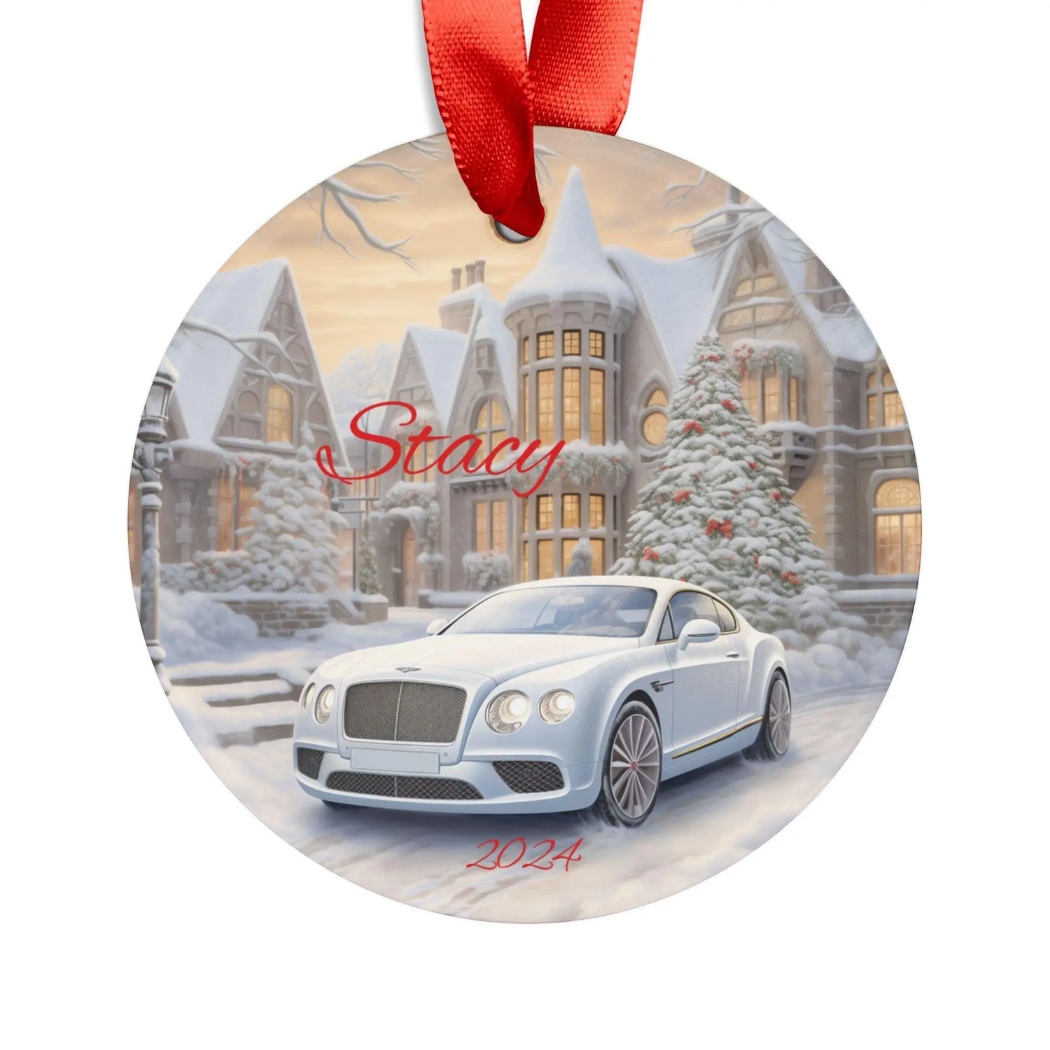 Personalized Acrylic Ornament with Car and Winter Wonderland Scene, Holiday Decor, Christmas Gift, Customized Keepsake, White Bentley The Aurora Touch