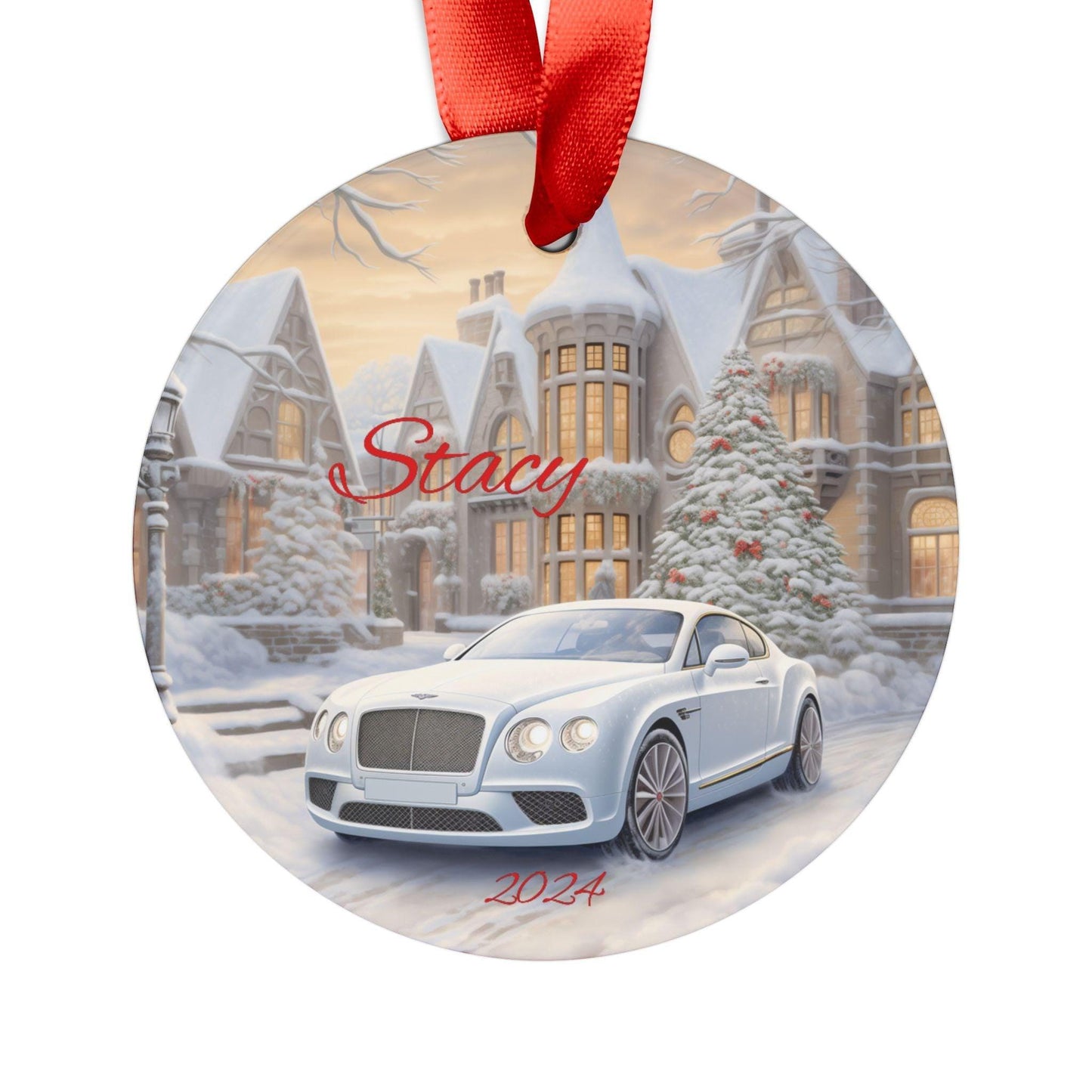 Personalized Acrylic Ornament with Car and Winter Wonderland Scene, Holiday Decor, Christmas Gift, Customized Keepsake, White Bentley