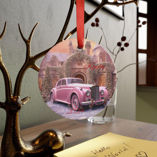 Personalized Pink Car Acrylic Ornament with Ribbon, Custom Christmas Decor, Holiday Keepsake, Family Gift, Vintage
