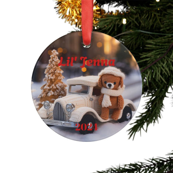 Personalized Acrylic Ornament | Cute Crotchet Bear Holiday Decoration, Christmas Gift, Keepsake, Custom Name Tag, Winter Decor The Aurora Touch