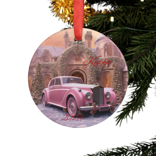 Personalized Pink Car Acrylic Ornament with Ribbon, Custom Christmas Decor, Holiday Keepsake, Family Gift, Vintage
