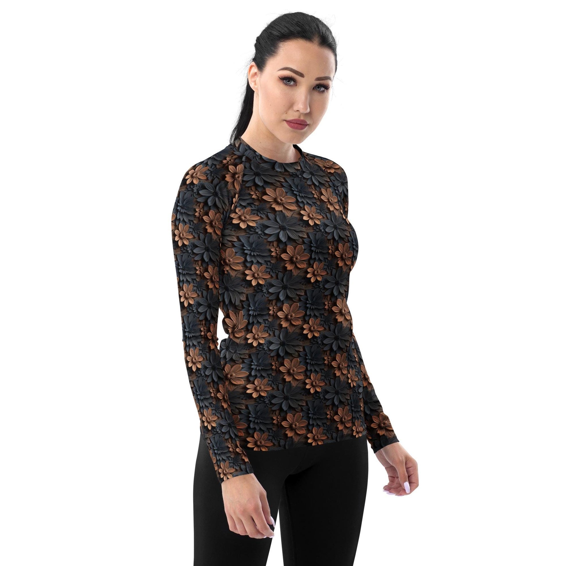 Captivating Warm Floral Colors Women&#39;s Rash Guard – Vibrant All-Over Print for Style & Comfort