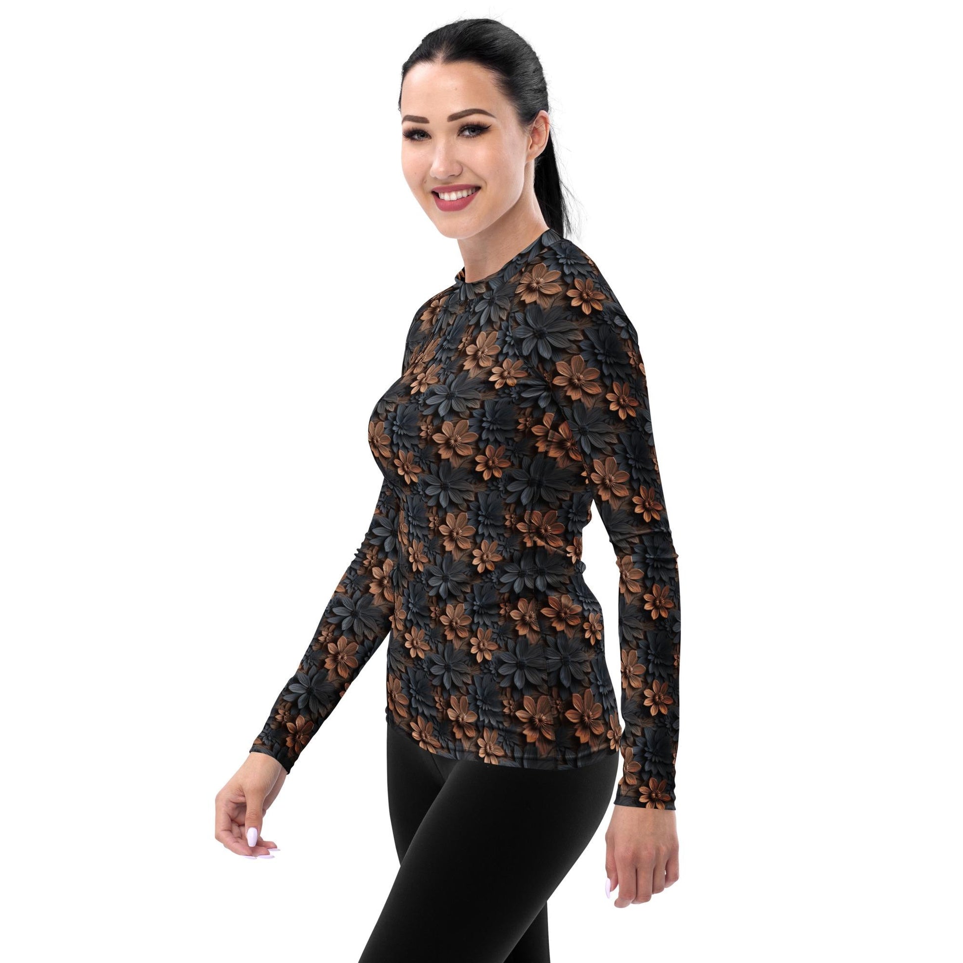 Captivating Warm Floral Colors Women&#39;s Rash Guard – Vibrant All-Over Print for Style & Comfort