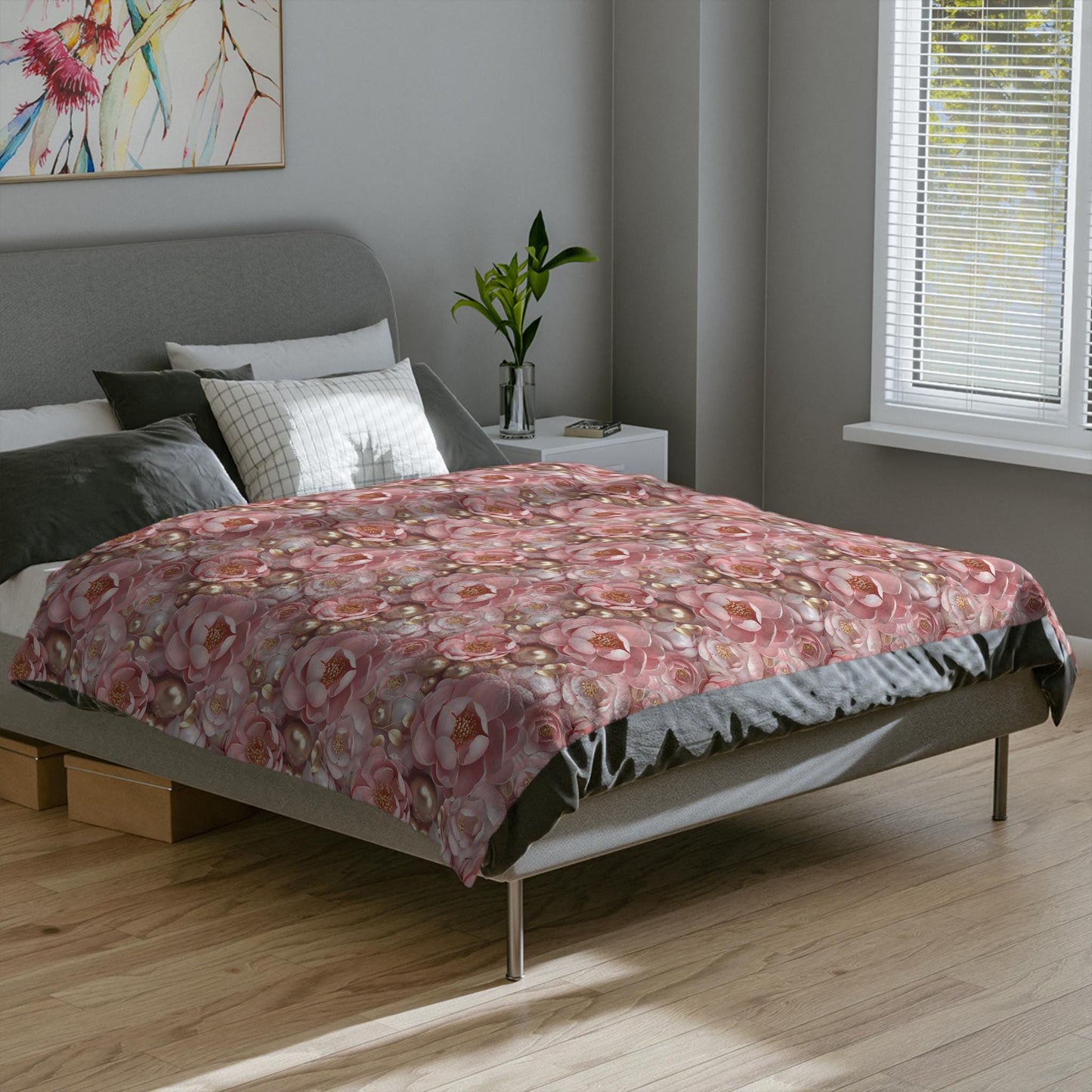 Blush Floral Velveteen Microfiber Blanket - Cozy Home Decor, Luxury Throw Blanket, Gift for Her, 3D Bedroom Accent, Wedding Gift
