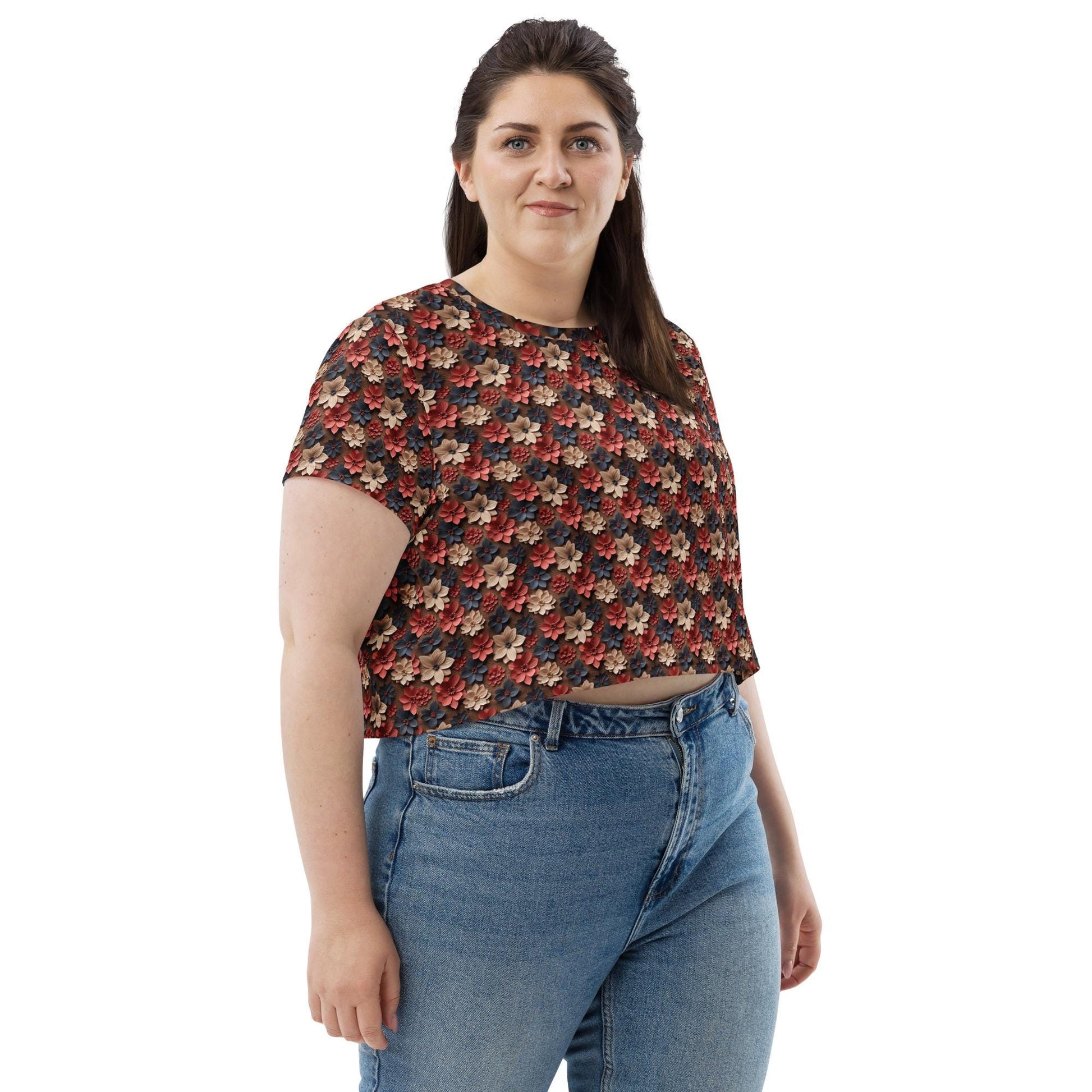 Women&#39;s Floral All Over Print Crop Tee | Trendy Summer Shirt | Vibrant Floral Pattern | Perfect Casual Top | Stylish & Comfortable Fashion