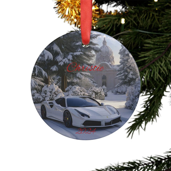 Personalized Acrylic Ornament with Ribbon, Custom Car Decoration, Holiday Keepsake, Unique Gift for Car Lovers, 2024 Memories, White Ferrari The Aurora Touch