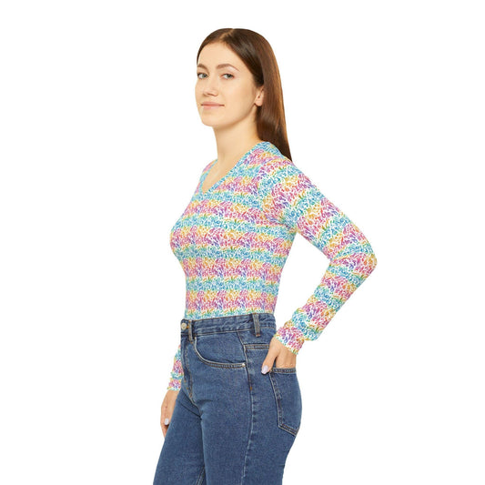 Colorful Women's Long Sleeve V-Neck Shirt, Fun Casual Top, Spring Fashion, Gift for Her, Vibrant Layering Piece