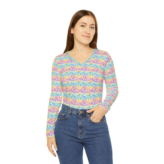Colorful Women's Long Sleeve V-Neck Shirt, Fun Casual Top, Spring Fashion, Gift for Her, Vibrant Layering Piece