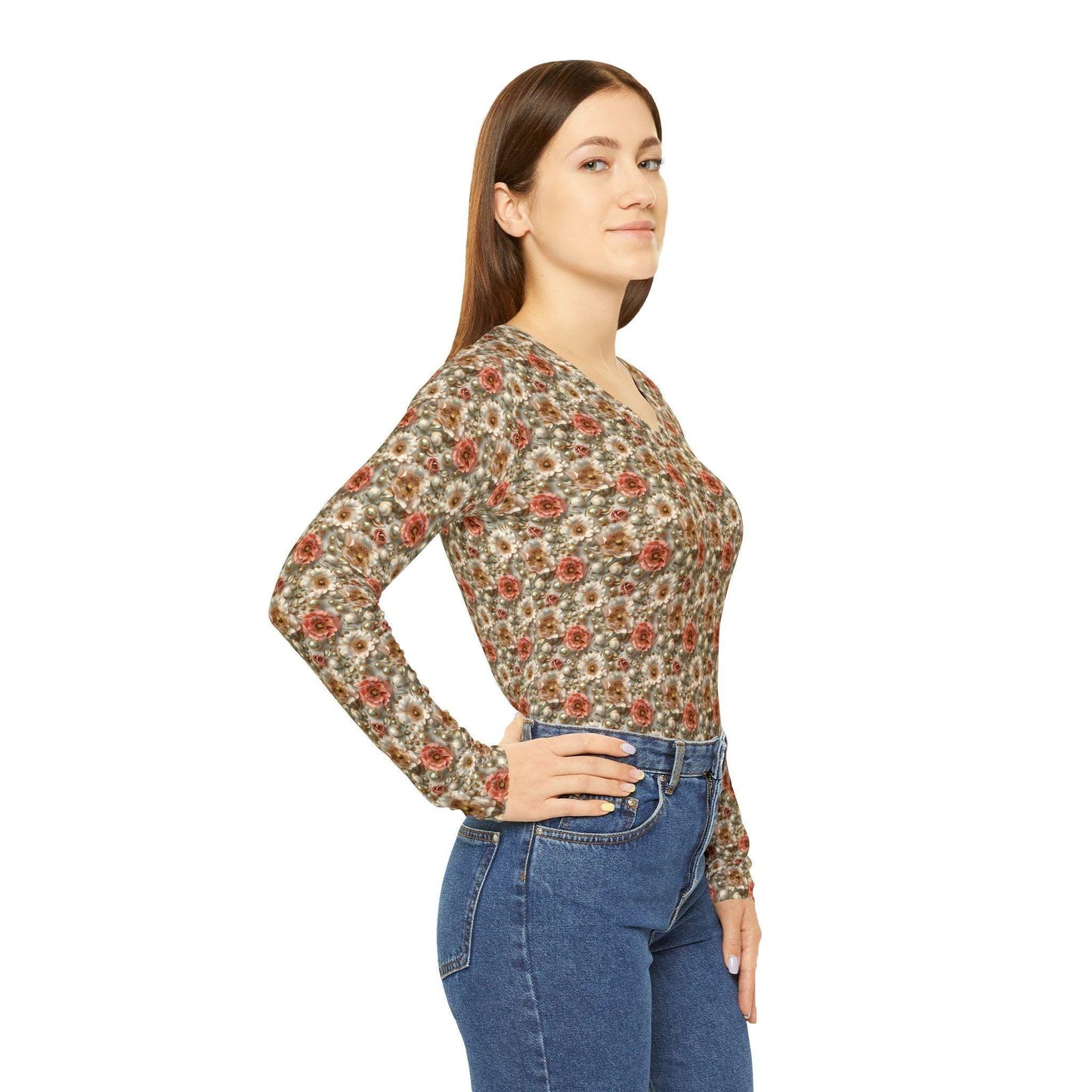 Floral Women's Long Sleeve V-Neck Shirt, Boho Top, Cozy Fashion, Gift for Her, Spring Style, Everyday Wear