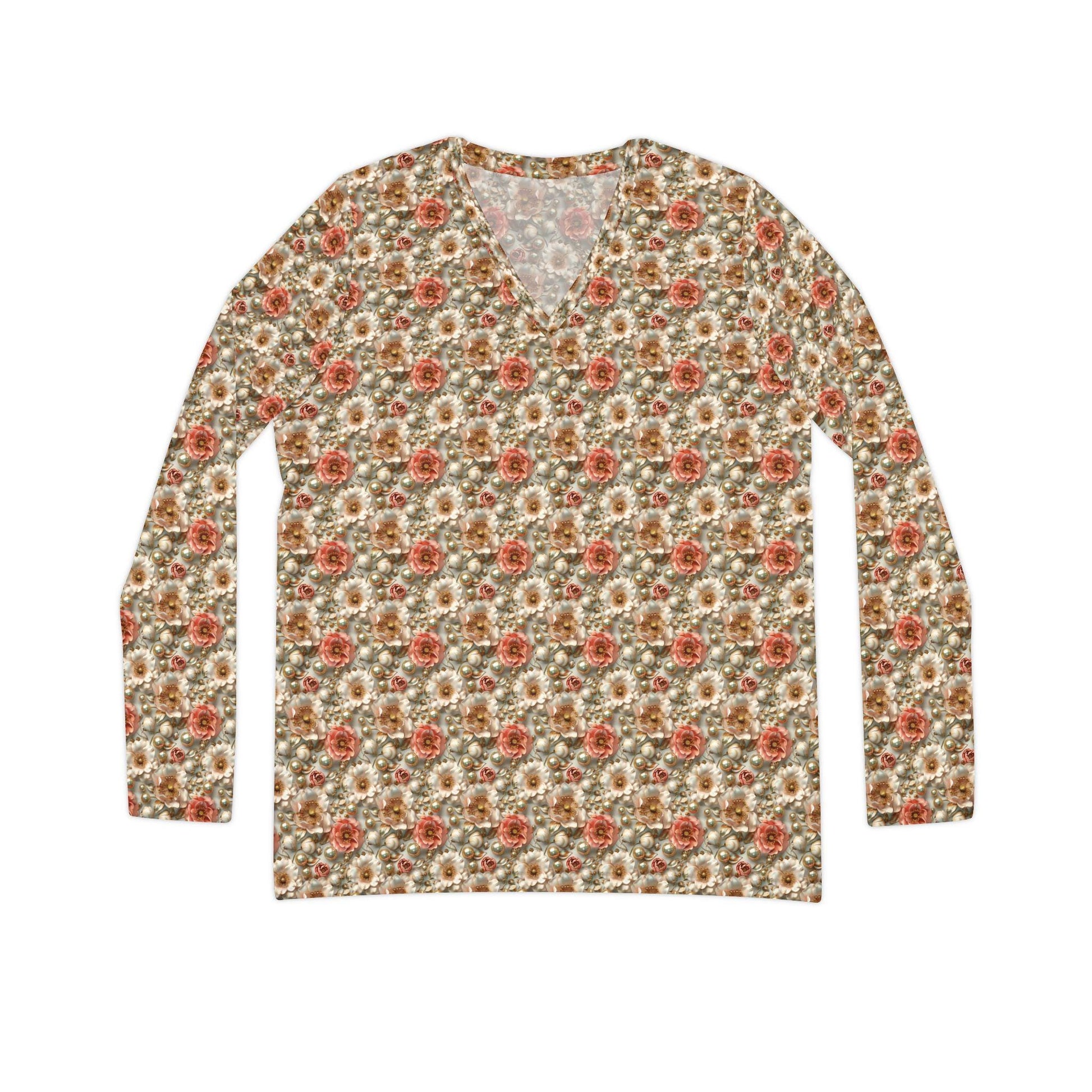 Floral Women's Long Sleeve V-Neck Shirt, Boho Top, Cozy Fashion, Gift for Her, Spring Style, Everyday Wear
