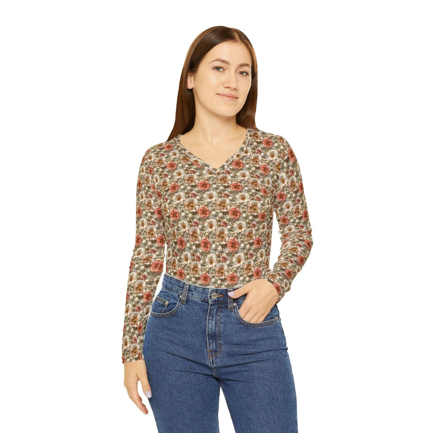 Floral Women's Long Sleeve V-Neck Shirt, Boho Top, Cozy Fashion, Gift for Her, Spring Style, Everyday Wear