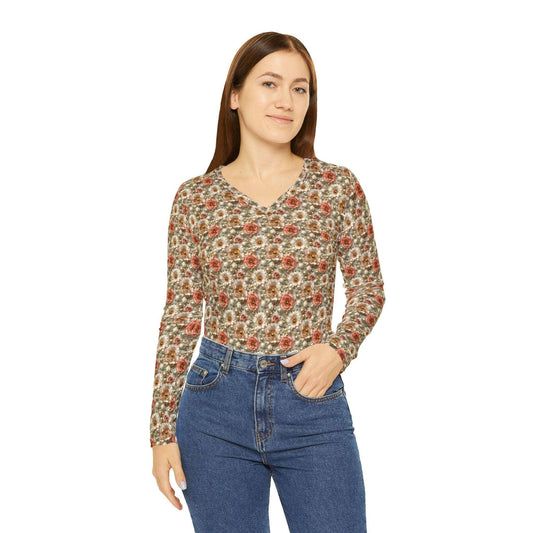 Floral Women's Long Sleeve V-Neck Shirt, Boho Top, Cozy Fashion, Gift for Her, Spring Style, Everyday Wear