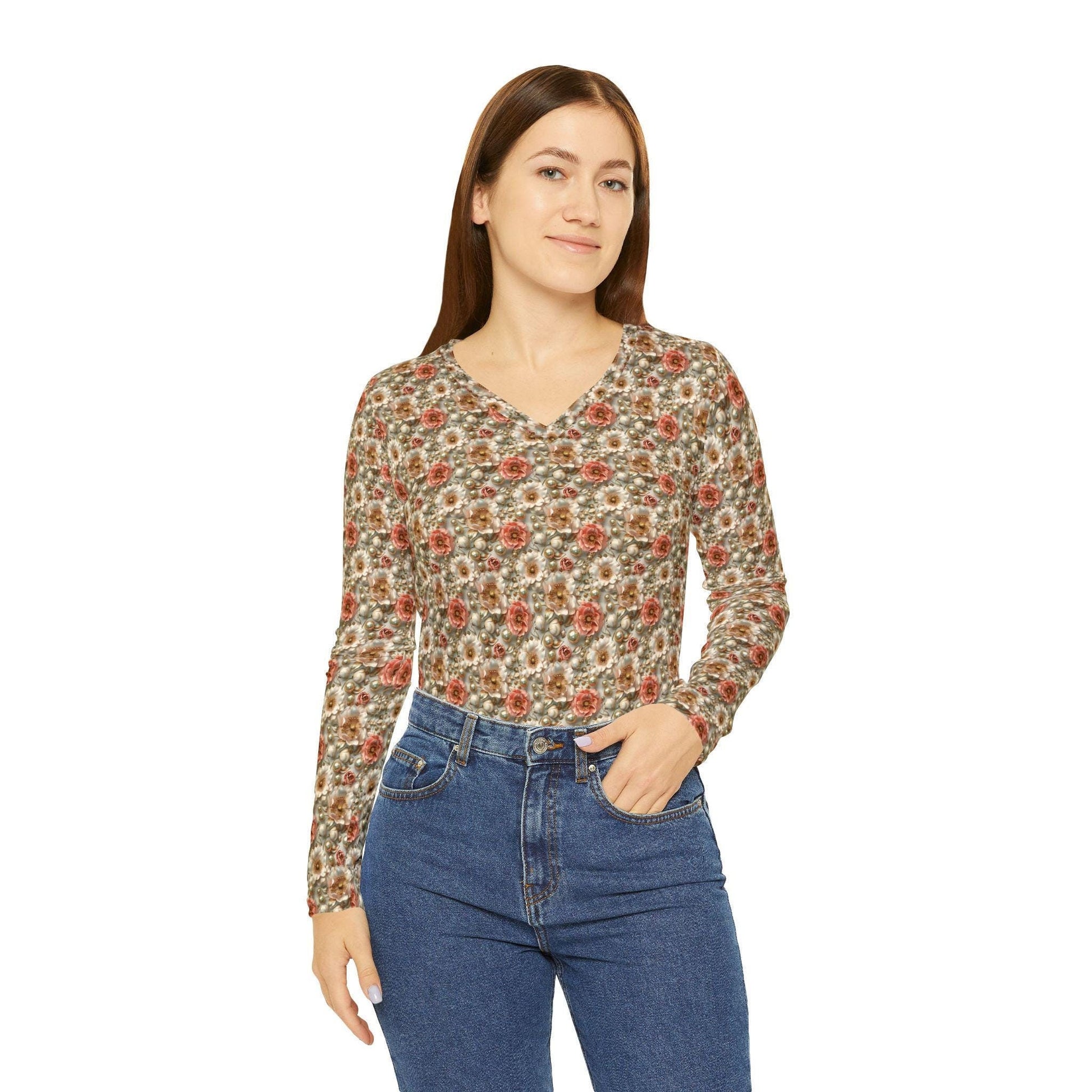 Floral Women&#39;s Long Sleeve V-Neck Shirt, Boho Top, Cozy Fashion, Gift for Her, Spring Style, Everyday Wear