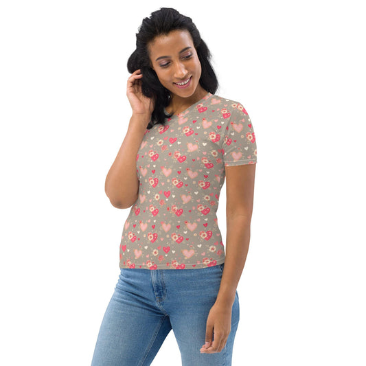 Valentine&#39;s Women&#39;s AOP T-Shirt | Trendy & Comfortable Heart Print Tee | Perfect for Valentine&#39;s Day Gift