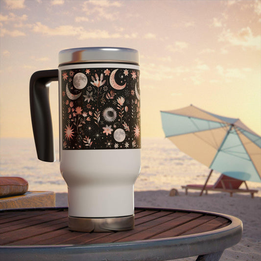 Celestial Floral Travel Mug, Beautiful Insulated Coffee Cup with Handle, Perfect for Gifts, Camping, Road Trips and Daily Use, 14oz