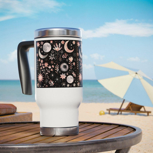 Celestial Floral Travel Mug, Beautiful Insulated Coffee Cup with Handle, Perfect for Gifts, Camping, Road Trips and Daily Use, 14oz