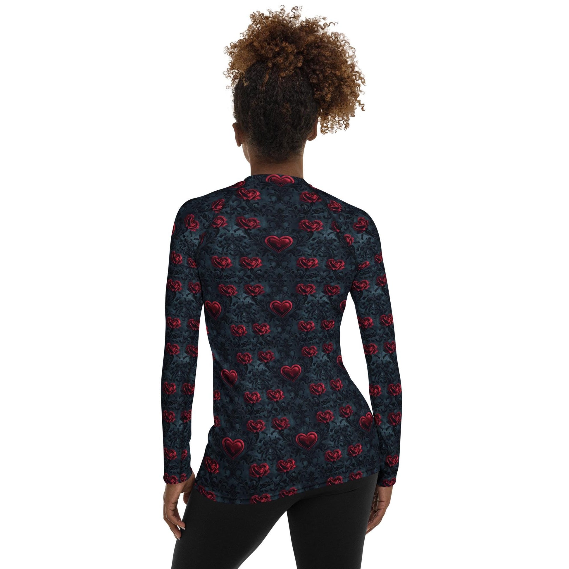 Gothic Valentine&#39;s Heart Print Rash Guard Top – Women&#39;s Versatile Swimwear Casual Wear, Dark Romance Style, Perfect for Valentine’s Day