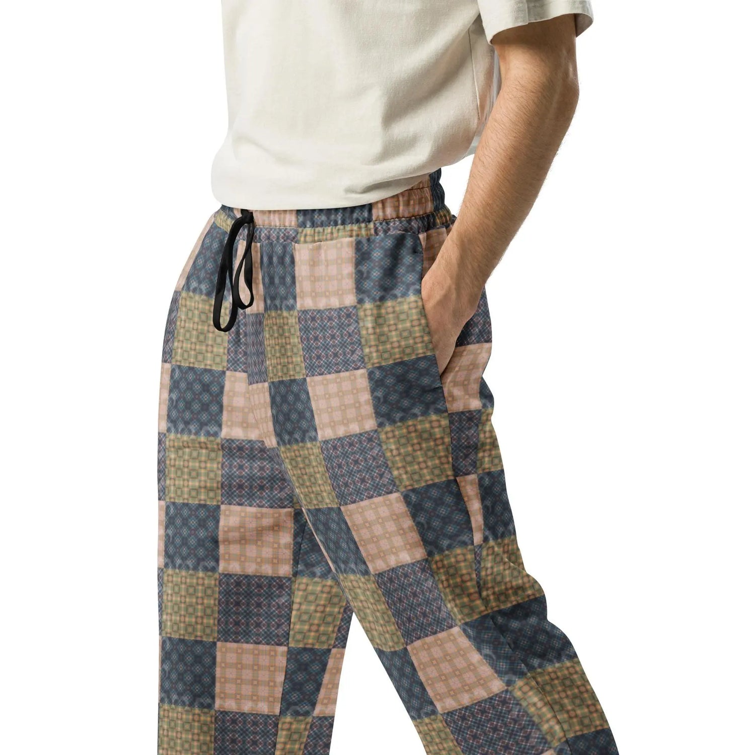 Men’s Geometric Checker Pattern Wide Leg Pants – Trendy Retro Style, Comfortable Loose Fit, Modern Fashion Statement, Streetwear Chic