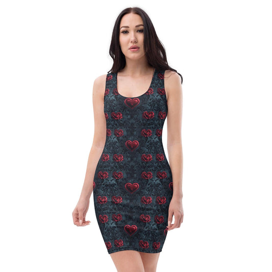 Gothic Valentine&#39;s Heart Print Bodycon Dress – Elegant Black Valentine&#39;s Day Dress, Sexy Curves, Gothic Chic, Romantic Valentine’s Outfit