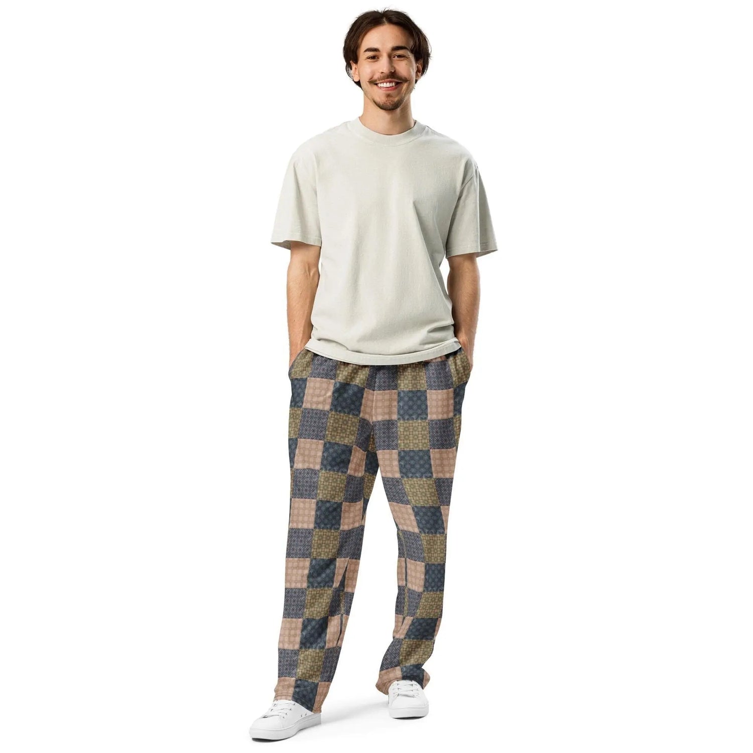 Men’s Geometric Checker Pattern Wide Leg Pants – Trendy Retro Style, Comfortable Loose Fit, Modern Fashion Statement, Streetwear Chic