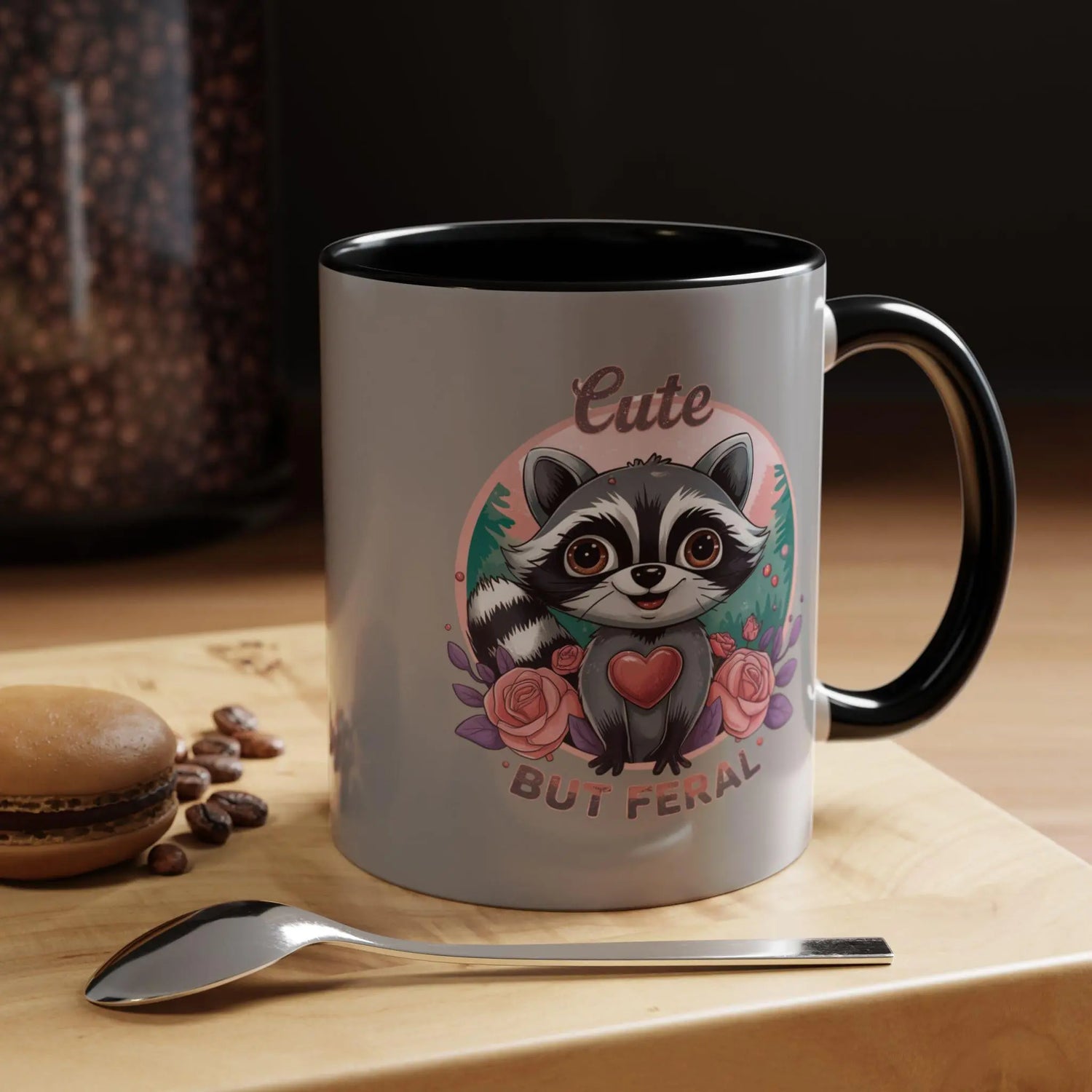 Cute But Feral Raccoon Coffee Mug, Funny Animal Mug, Gifts for Animal Lovers, Grey Accent Mug, Perfect for Any Occasion