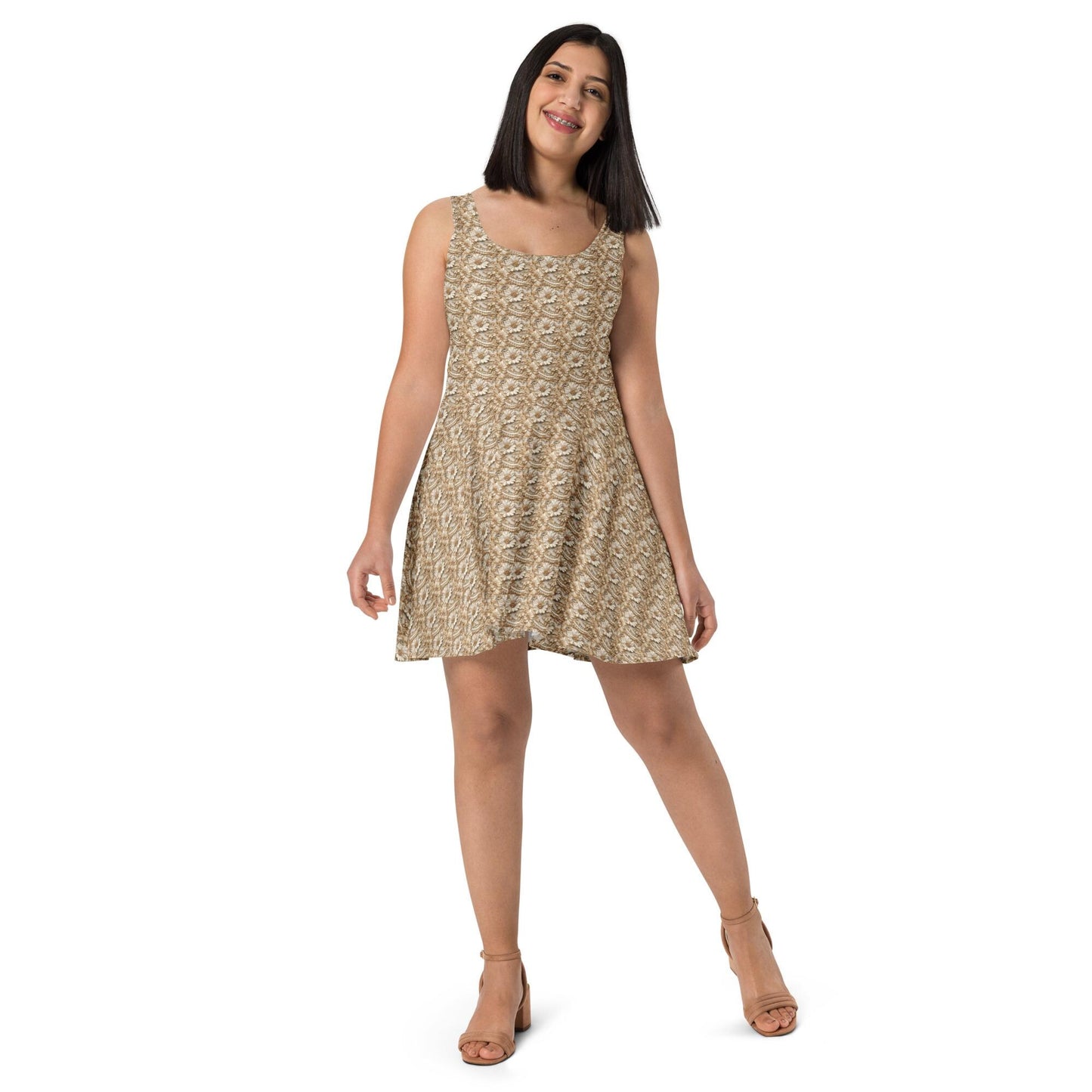 Womens Trendy White Gold Floral Skater Dress - Elegant Allover Print, Perfect for Parties, Weddings, or Special Occasions