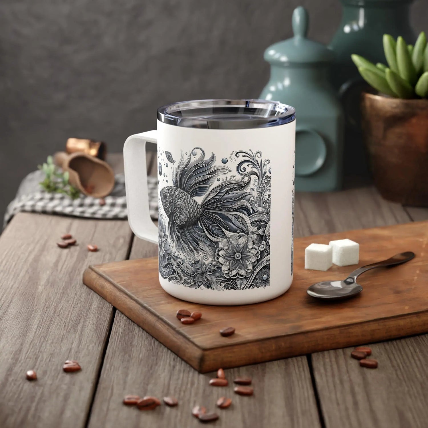Elegant Insulated Coffee Mug, 10oz | Bohemian Floral Design for Home, Office or Travel, Perfect Gift for Coffee Lovers, Nature Enthusiasts