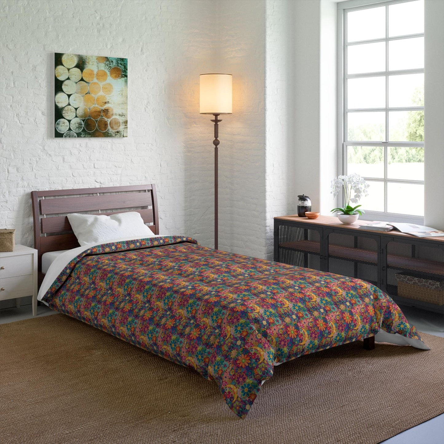 Vibrant Floral Comforter, Cozy Bedroom Blanket, Boho Bedding, Colorful Quilt, Perfect for Spring Decor, Great for Gifts