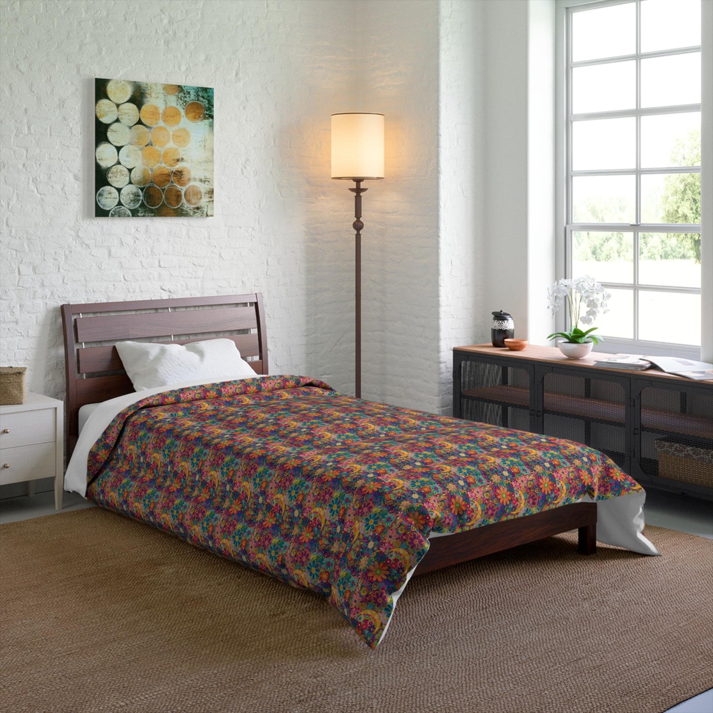 Vibrant Floral Comforter, Cozy Bedroom Blanket, Boho Bedding, Colorful Quilt, Perfect for Spring Decor, Great for Gifts