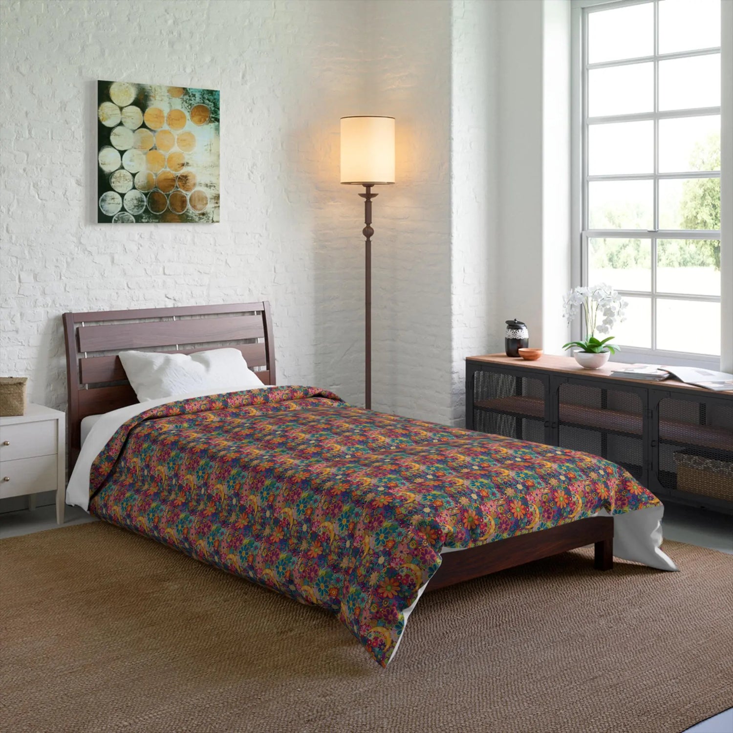 Vibrant Floral Comforter, Cozy Bedroom Blanket, Boho Bedding, Colorful Quilt, Perfect for Spring Decor, Great for Gifts