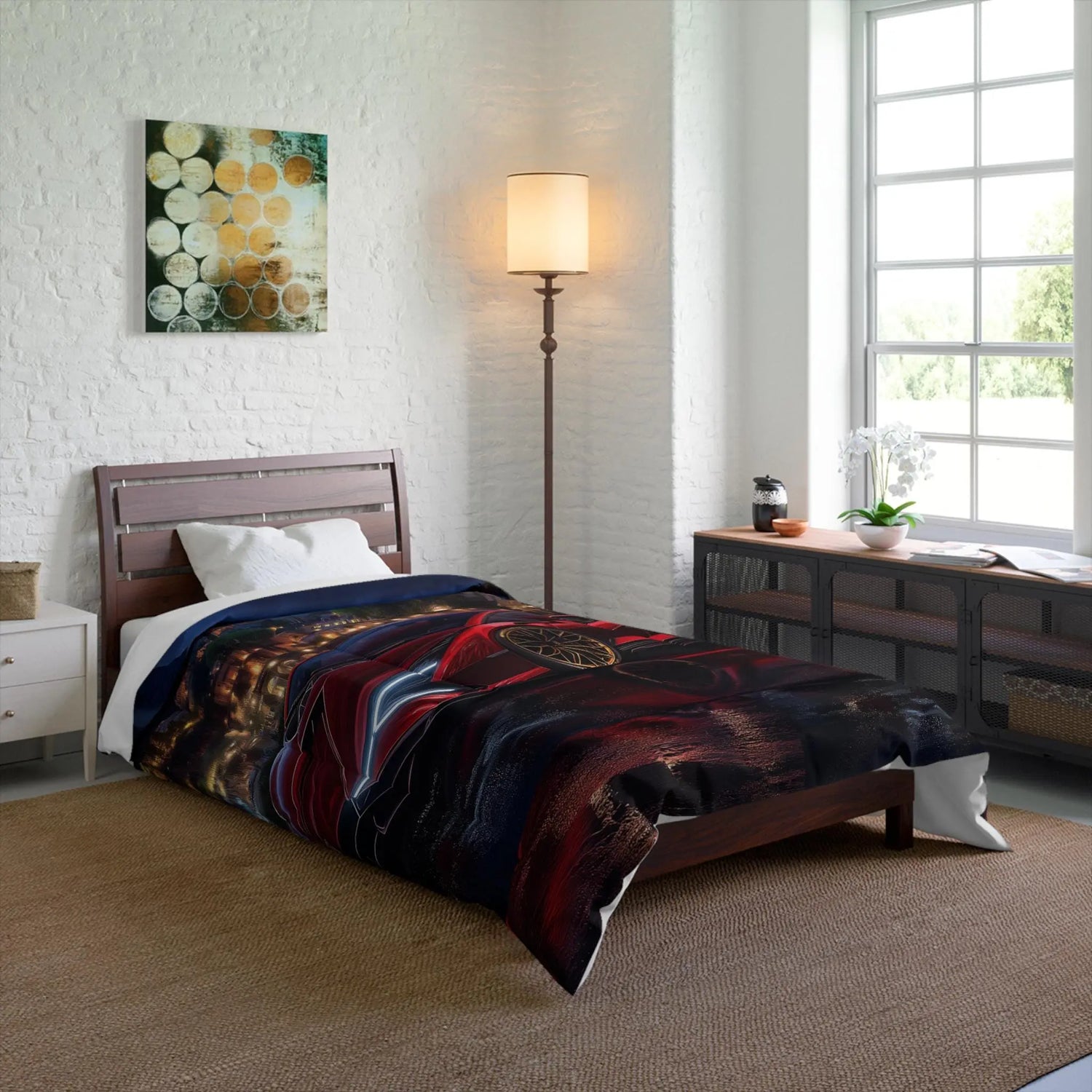 Luxury Sports Car Comforter, Modern Bedroom Decor, Automotive Enthusiast Gift, Cozy Bedding Set, Unique Car-Themed Quilt, Red Lambo