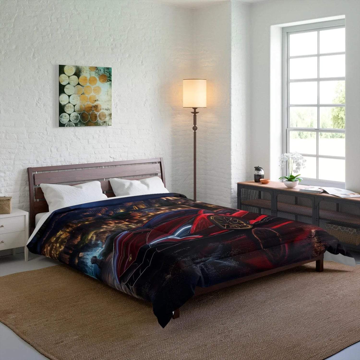 Luxury Sports Car Comforter, Modern Bedroom Decor, Automotive Enthusiast Gift, Cozy Bedding Set, Unique Car-Themed Quilt, Red Lambo