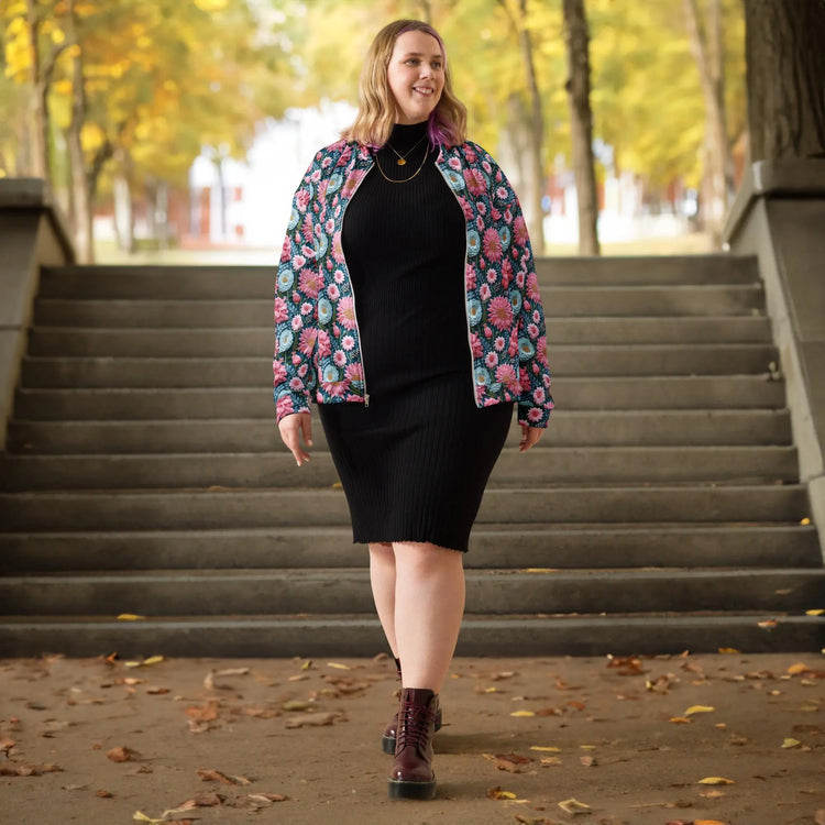 Women’s Floral All-Over Print Bomber Jacket - Beautiful Designer Pattern, Trendy Spring Outerwear, Bold & Stylish Jacket for Her