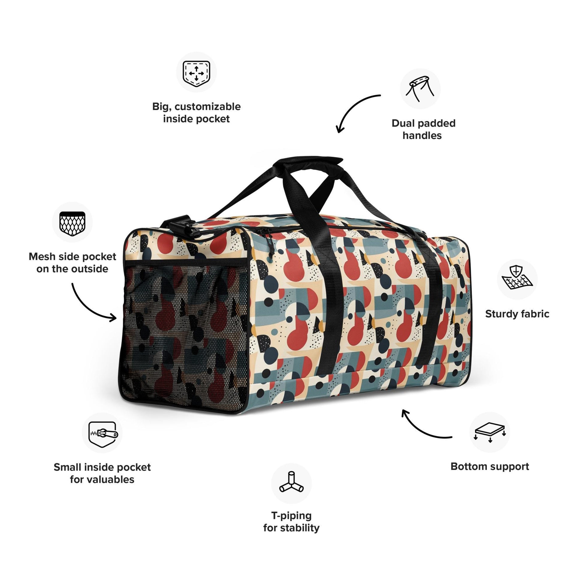 Geometric 90&#39;s Style Unisex Duffle Bag | Retro Gym, Travel Vacation Tote | Stylish, Spacious Durable Weekender Bag for Men & Women