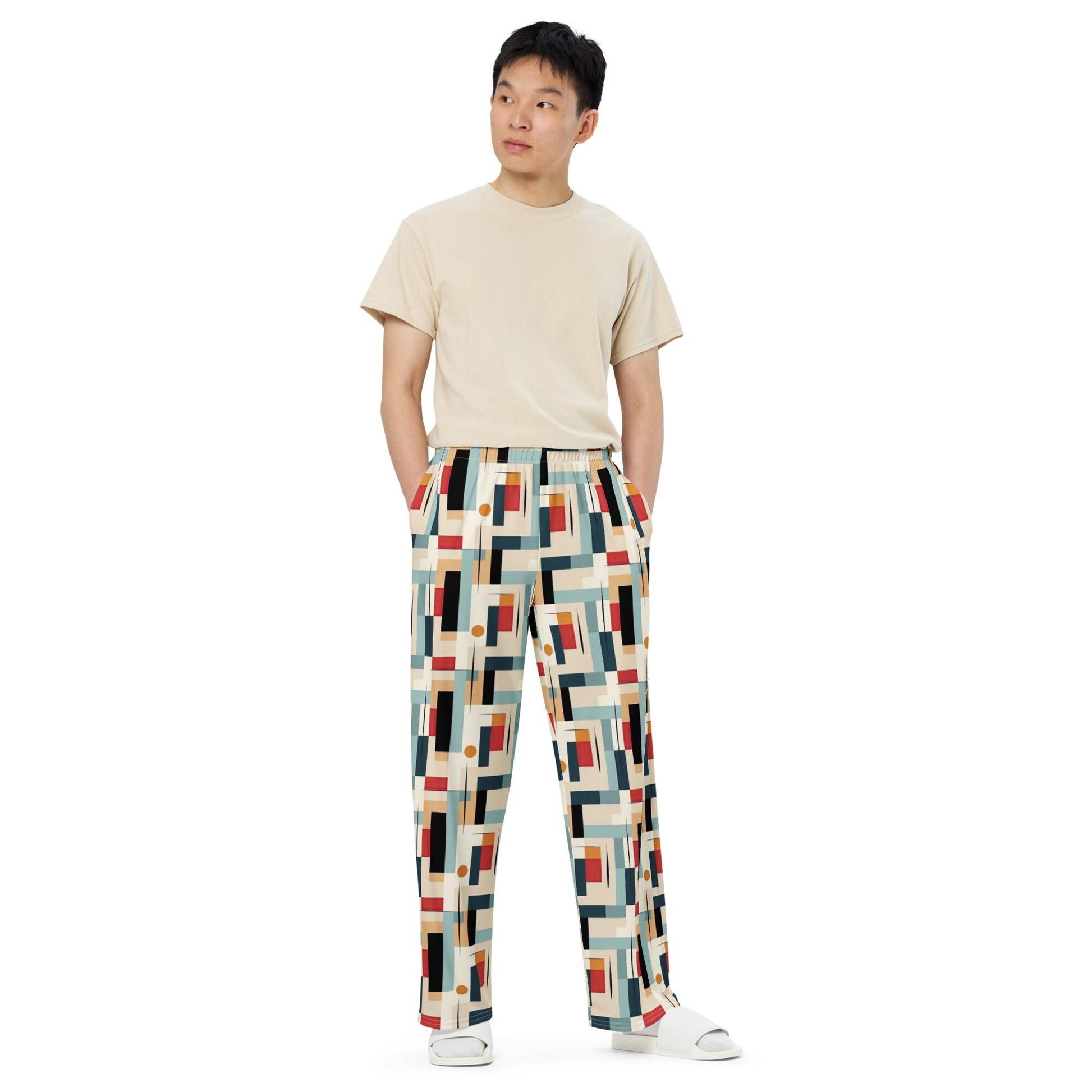 Geometric 90&#39;s Style Men&#39;s Wide Lounge Sweatpants | Retro Sweatpants for Men | Comfortable & Stylish Casual Lounge Wear | Vintage Pants