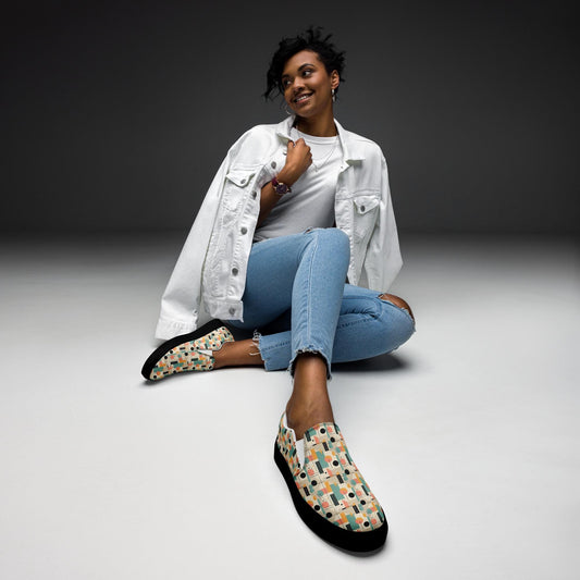 Geometric 90&#39;s Style Women’s Slip-On Canvas Shoes | Retro Pattern Flats | Comfortable & Trendy Casual Shoes | Summer Slip-Ons for Women