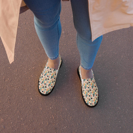 Geometric 90&#39;s Style Women’s Slip-On Canvas Shoes | Retro Pattern Flats | Comfortable & Trendy Casual Shoes | Summer Slip-Ons for Women