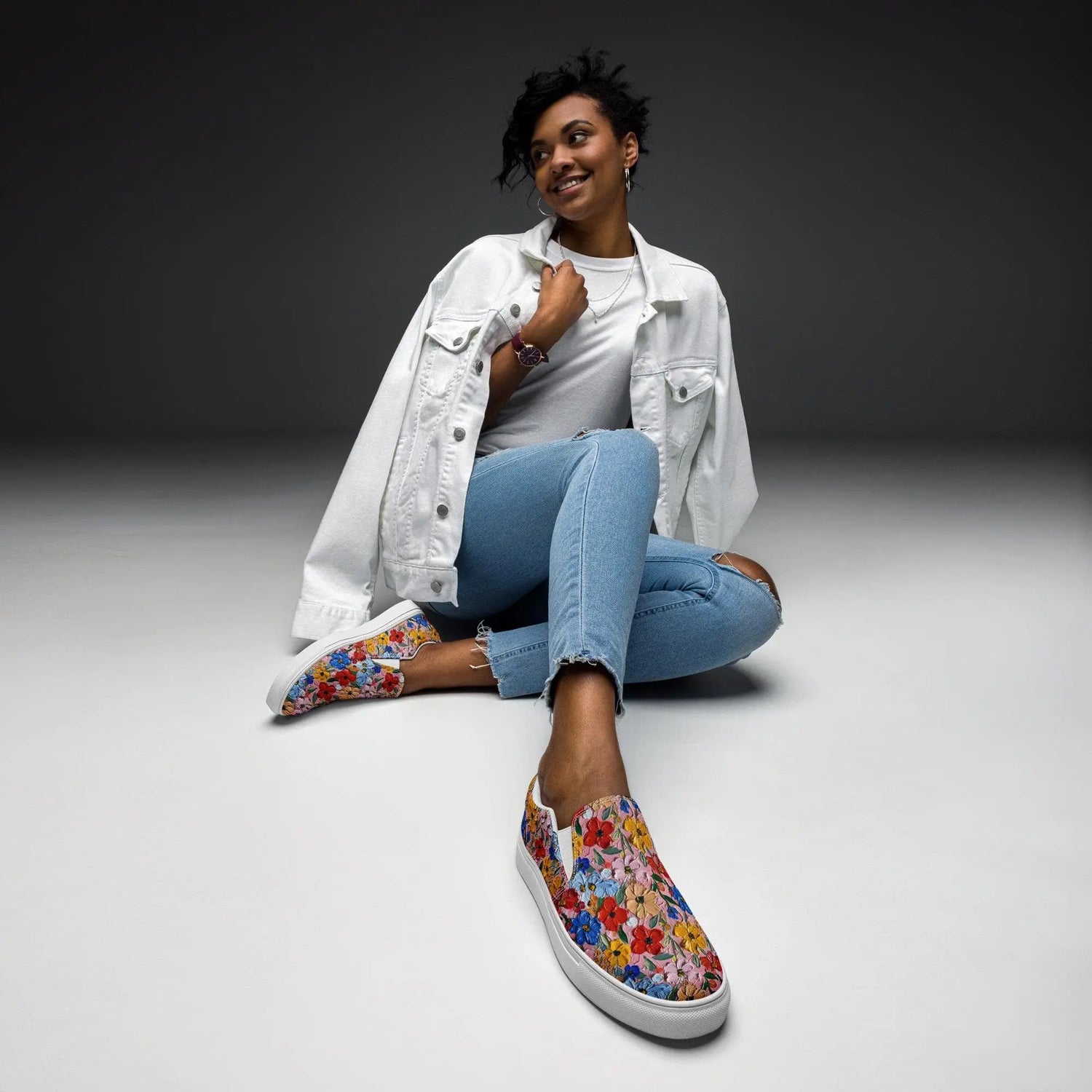 Hand-Painted Floral Print Canvas Slip-On Shoes for Women | Custom Floral Design Flats | Comfortable Everyday Slip-Ons | Unique Canvas Shoes
