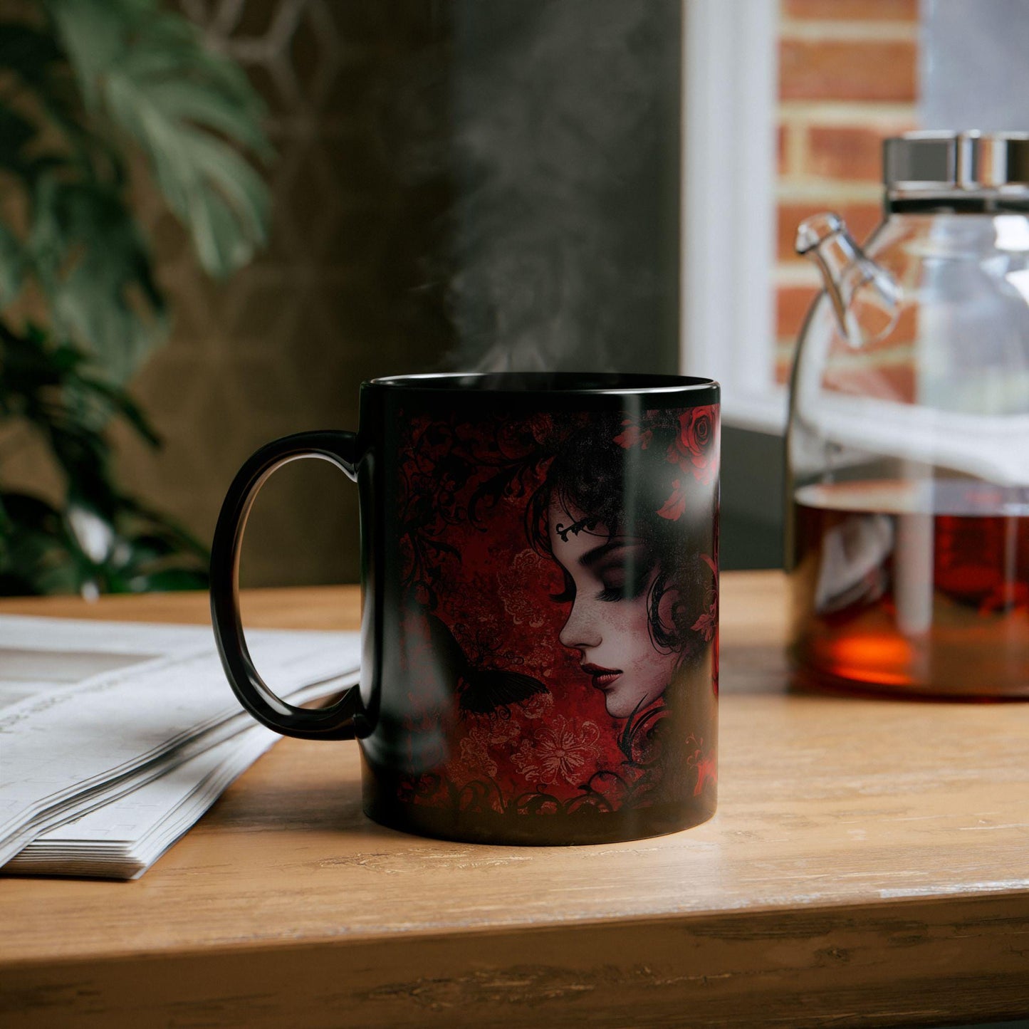 Gothic Romance Mug | Black Mug with Floral Design | Perfect Gift, Home Decor, Coffee Lover's Essential, Halloween Decoration, Unique Art