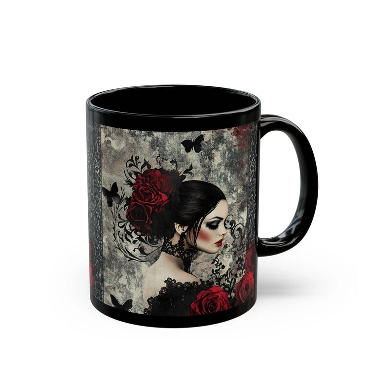Gothic Art Black Mug | Elegant Vintage Rose Design | Perfect for Coffee Lovers, Gift for Her, Halloween, Home Decor