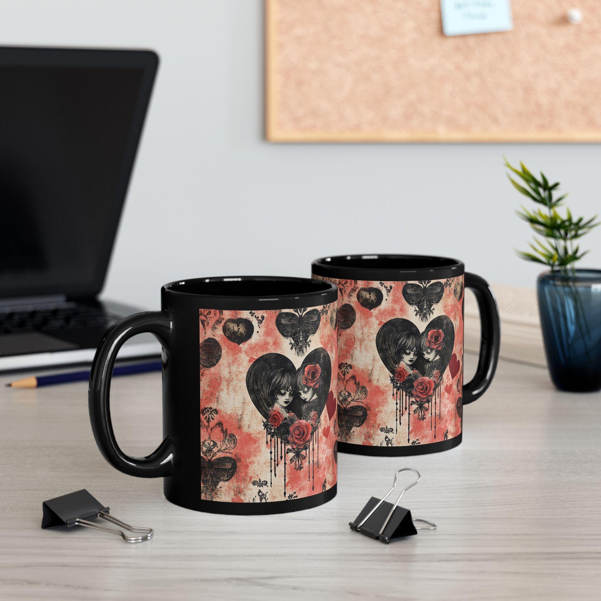 Gothic Love Black Mug | Artistic Coffee Cup with Hearts and Roses | Perfect for Gothic Home Decor, Valentine's Day Gift, Unique Tea Mug, Art
