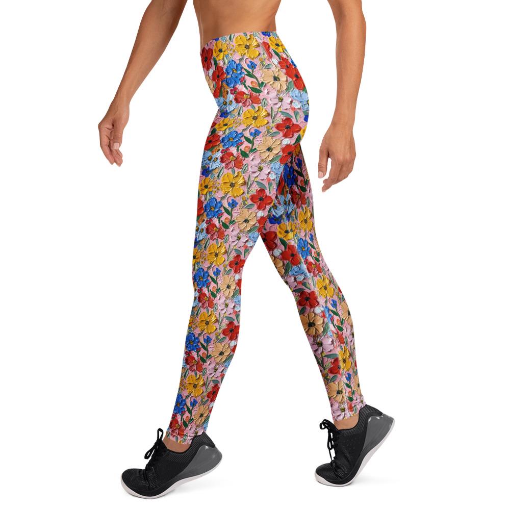 Simulated Painted Floral Print Leggings | Unique All-Over Pattern | Stretchy, Comfortable & Stylish | Perfect for Yoga, Casual, or Workout