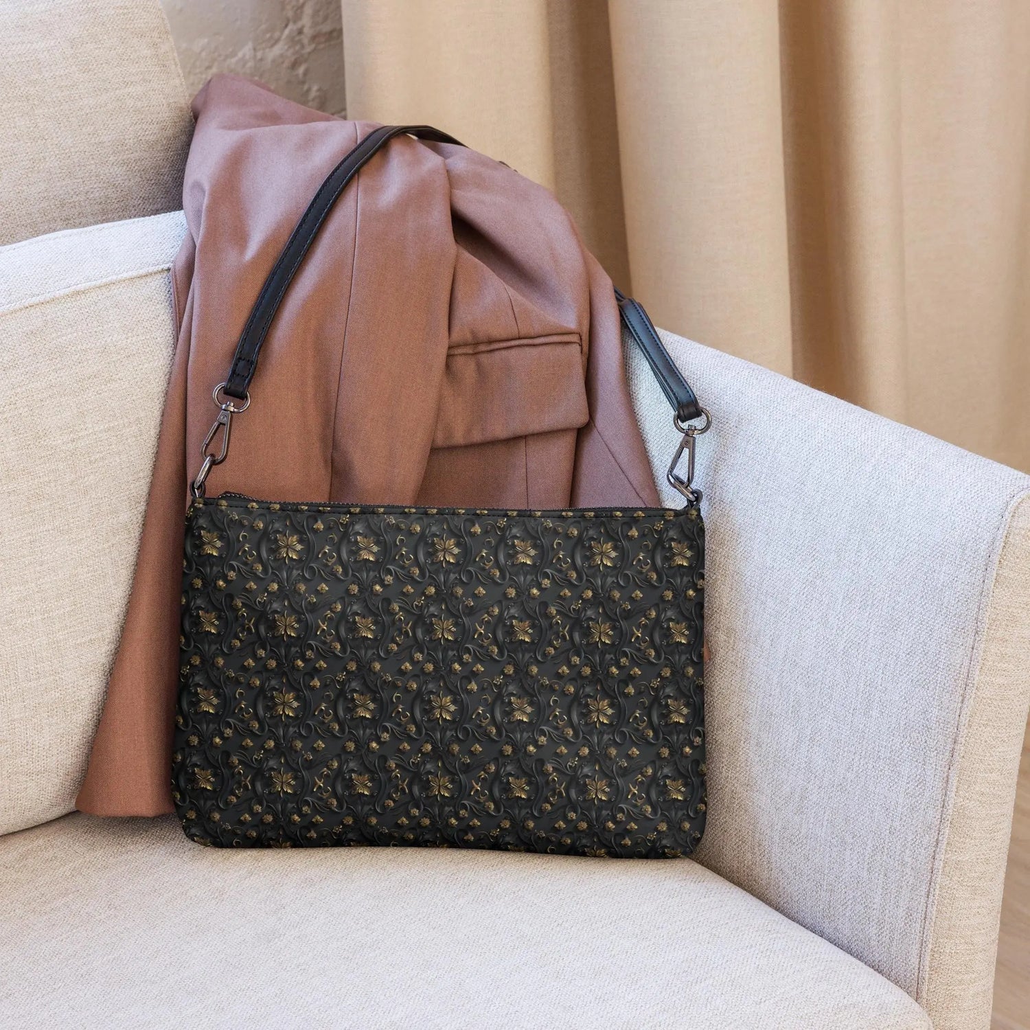 Elegant 3D Black & Gold Crossbody Bag | Sophisticated Embossed Design | Luxury Fashion Accessory | Stylish Functional