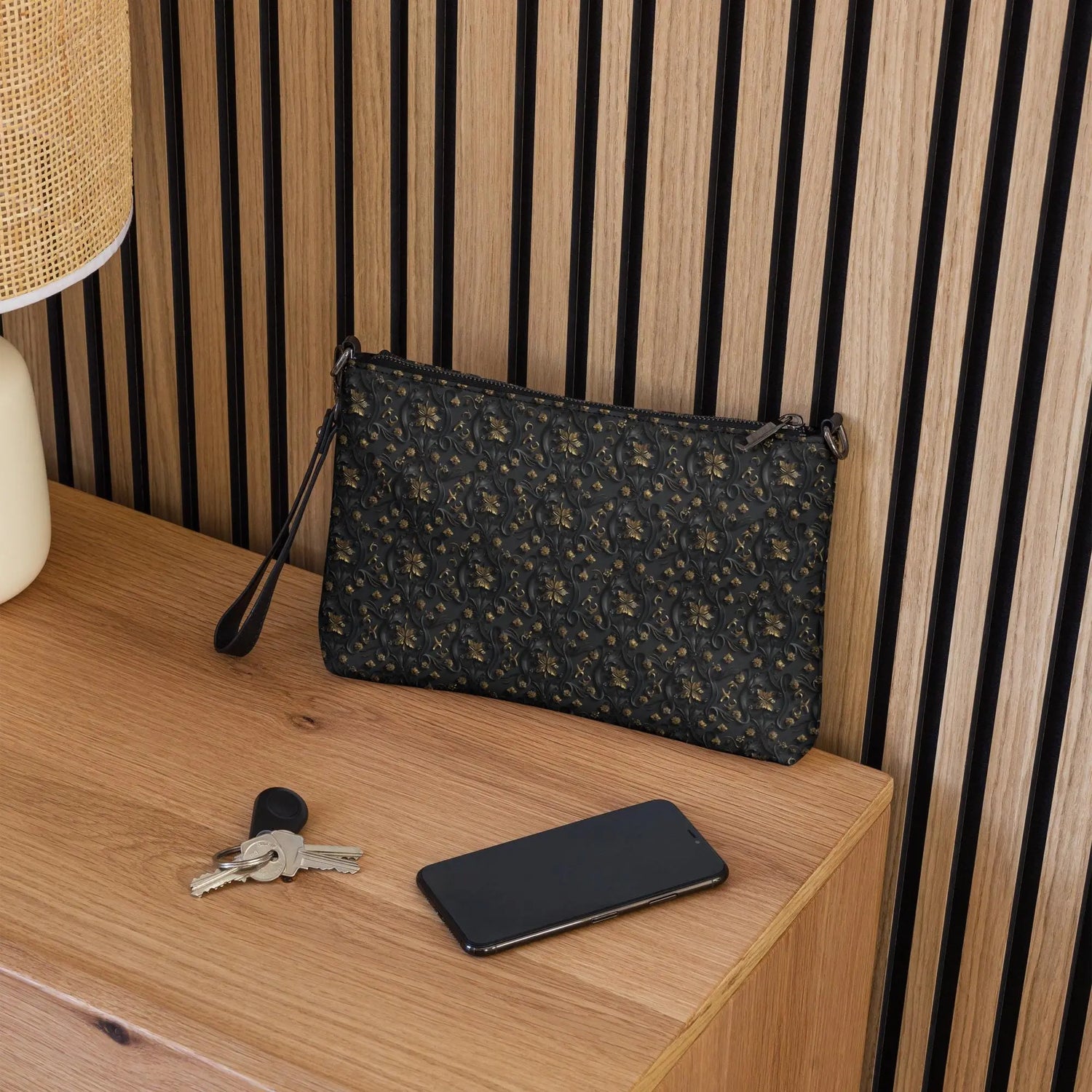 Elegant 3D Black & Gold Crossbody Bag | Sophisticated Embossed Design | Luxury Fashion Accessory | Stylish Functional