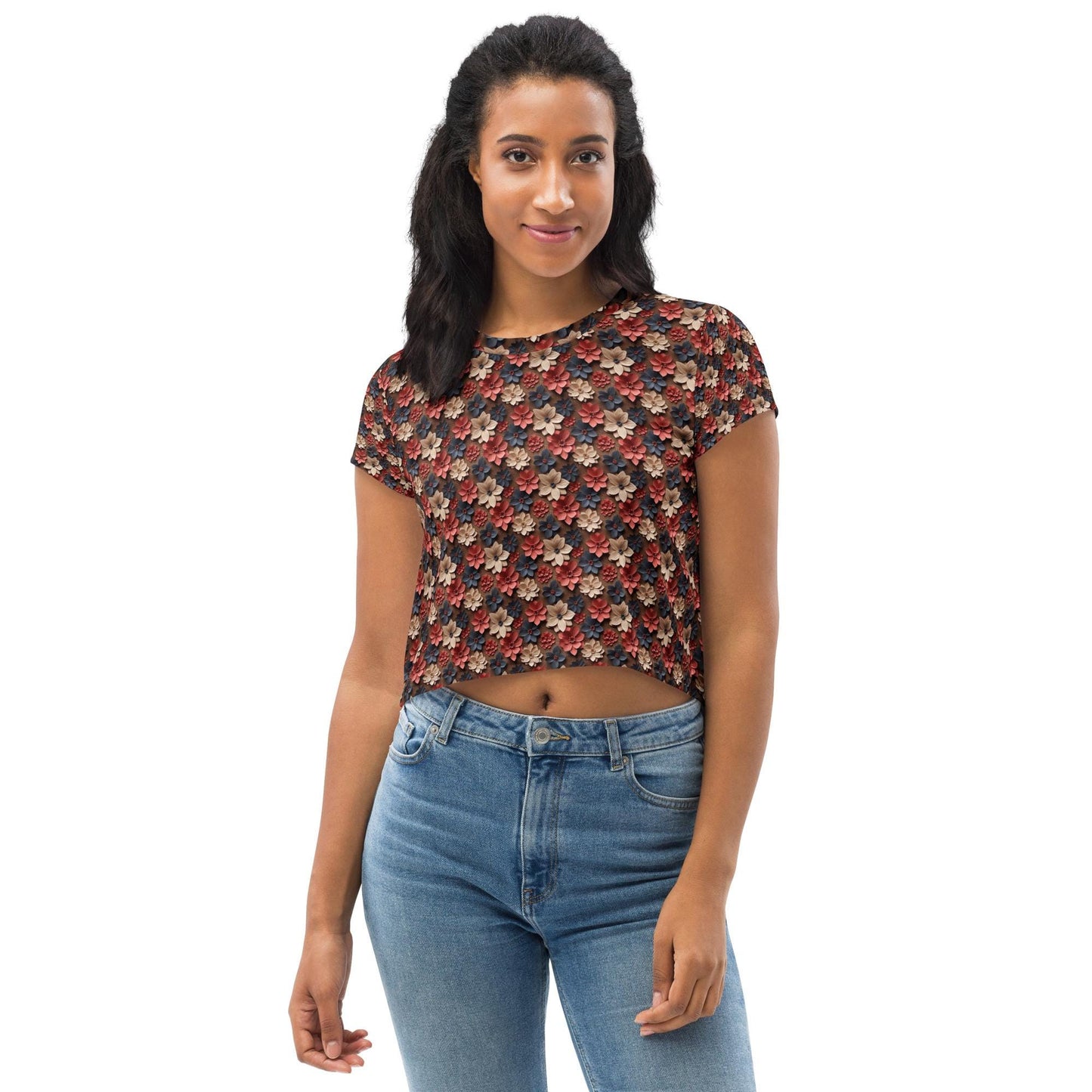 Women&#39;s Floral All Over Print Crop Tee | Trendy Summer Shirt | Vibrant Floral Pattern | Perfect Casual Top | Stylish & Comfortable Fashion