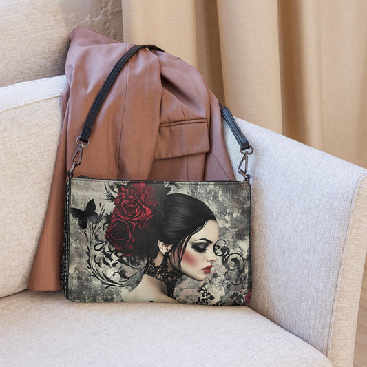 Gothic Valentine’s Crossbody Handbag – Dark & Stylish Heart Design with Silver Cross – Perfect for a Bold Unique Valentine&#39;s Gift
