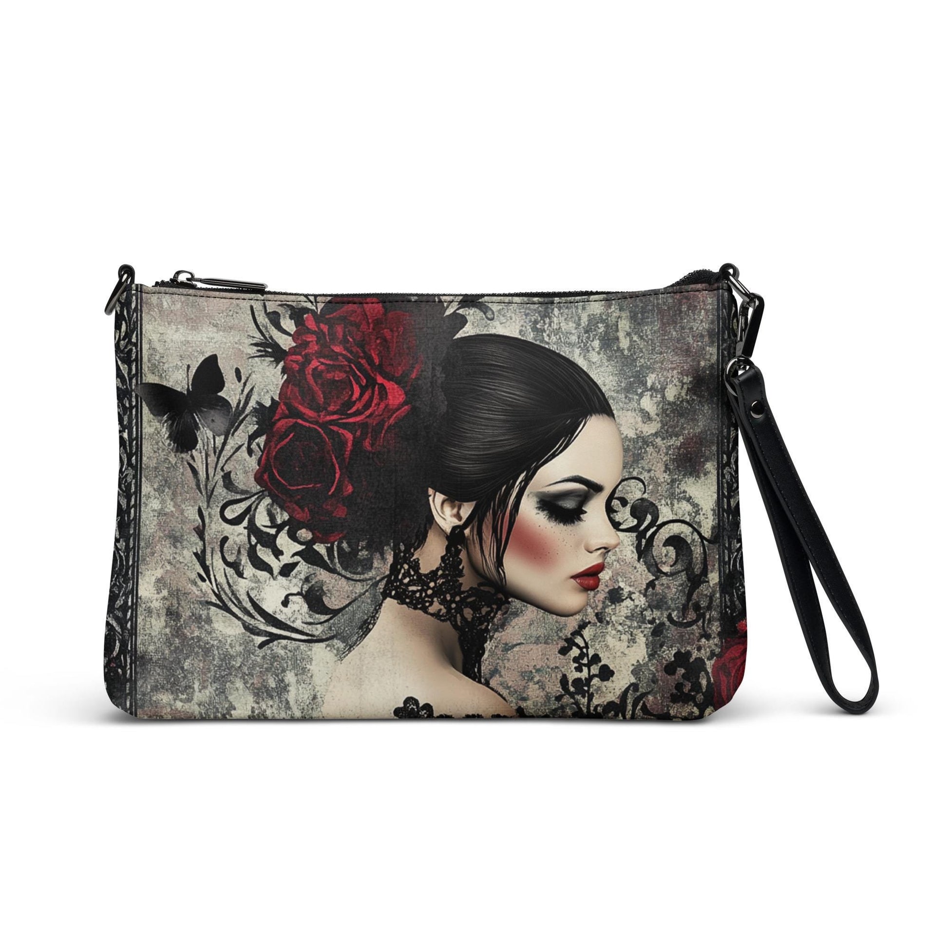 Gothic Valentine’s Crossbody Handbag – Dark & Stylish Heart Design with Silver Cross – Perfect for a Bold Unique Valentine&#39;s Gift