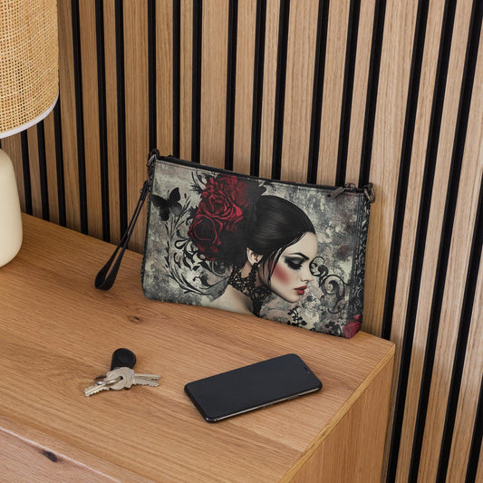 Gothic Valentine’s Crossbody Handbag – Dark & Stylish Heart Design with Silver Cross – Perfect for a Bold Unique Valentine&#39;s Gift