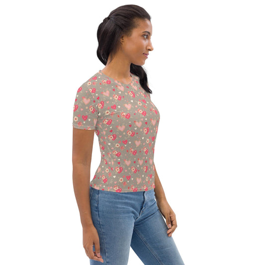 Valentine&#39;s Women&#39;s AOP T-Shirt | Trendy & Comfortable Heart Print Tee | Perfect for Valentine&#39;s Day Gift